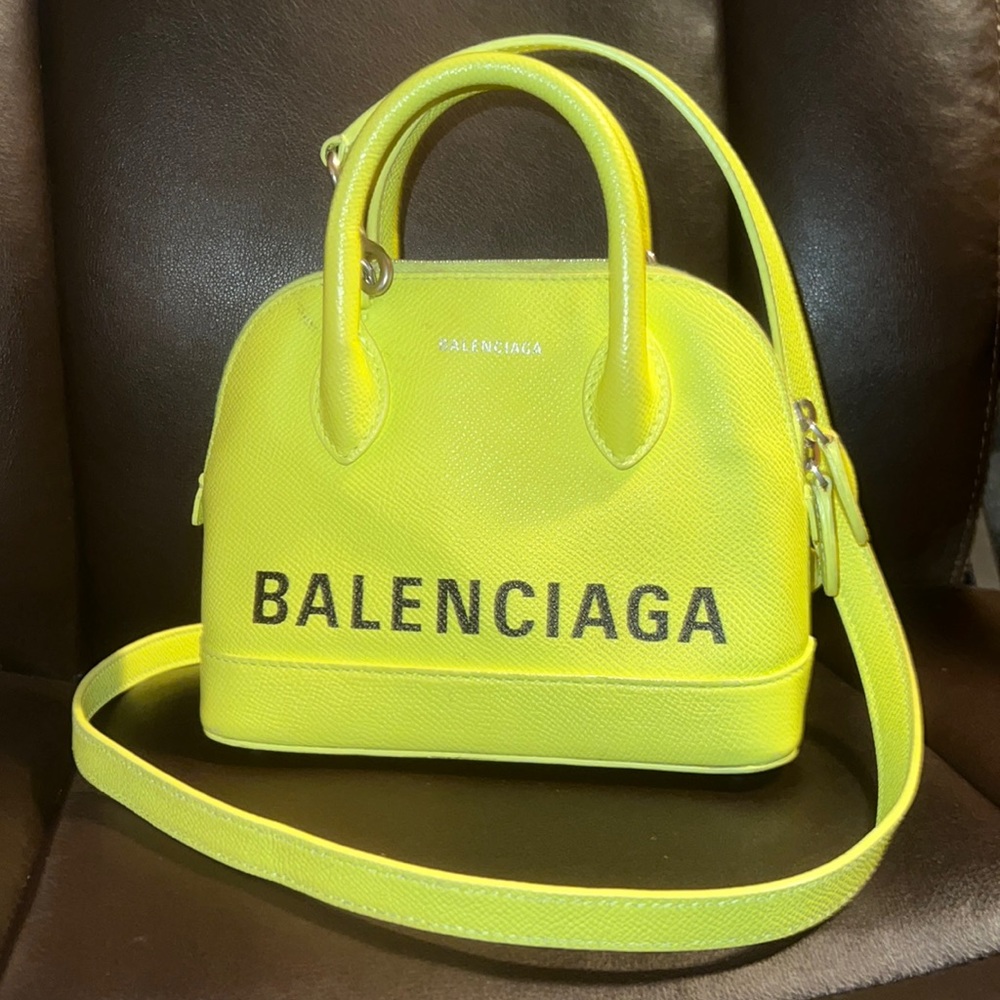 Balenciaga Lime Green Pebbled Leather Ville XXS Logo Crossbody Bag